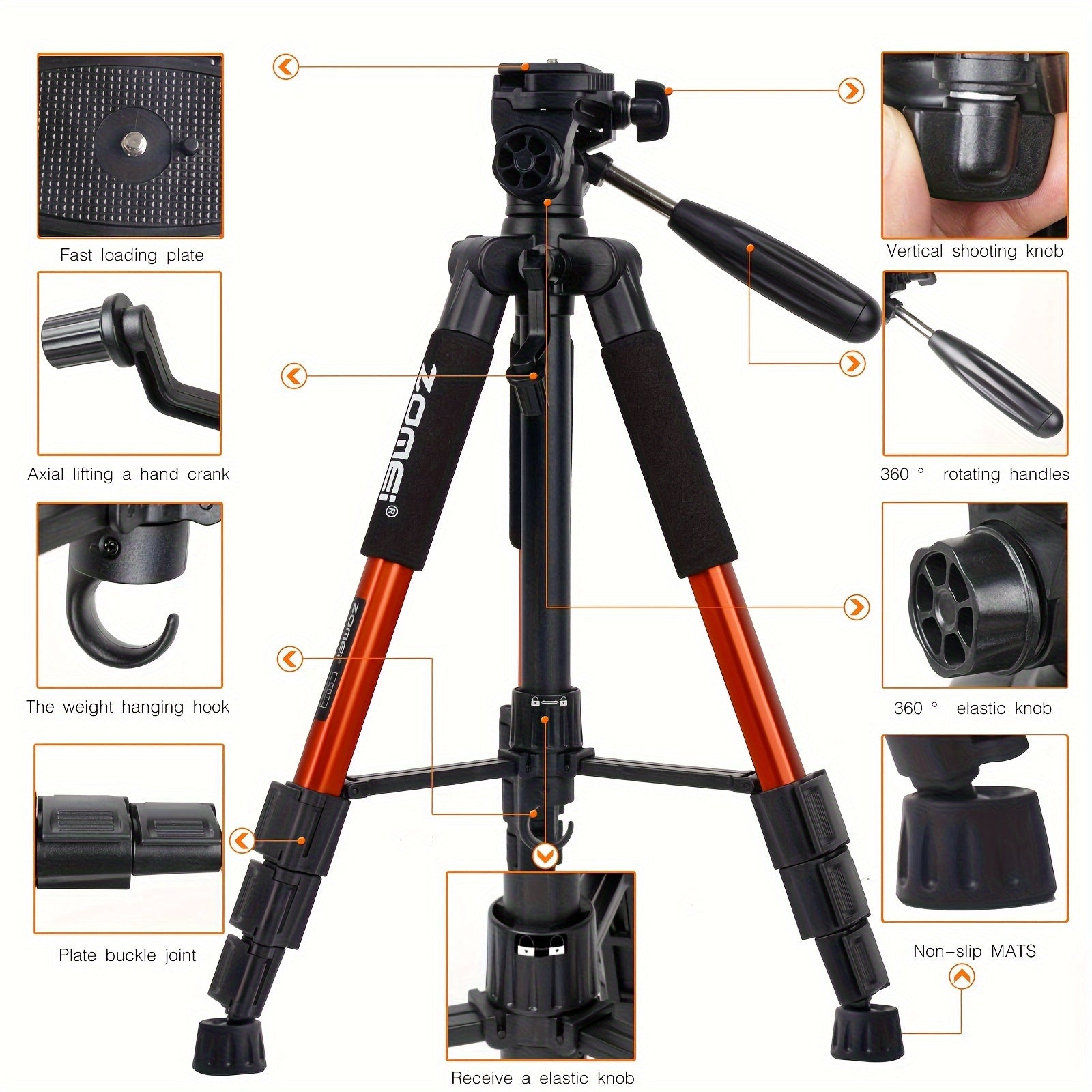 139.7 cm Aluminum Camera Tripod Portable Orange with Travel Bag
