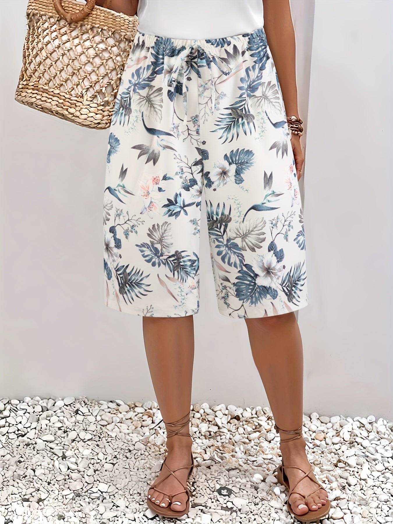 Women's Plus Size Tropical Print Loose Fit Beach Shorts Lightweight Polyester White Blue Green Leaf