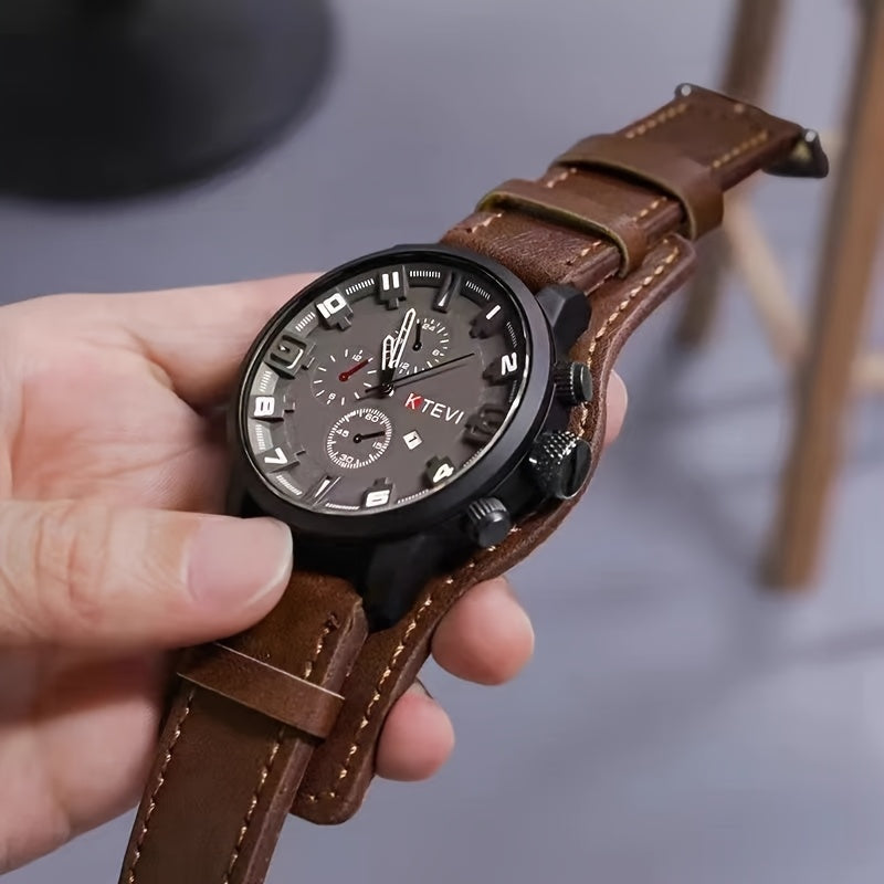 Men's Sports Watch with Large Dial, Calendar, Quartz Movement, PU Leather Strap
