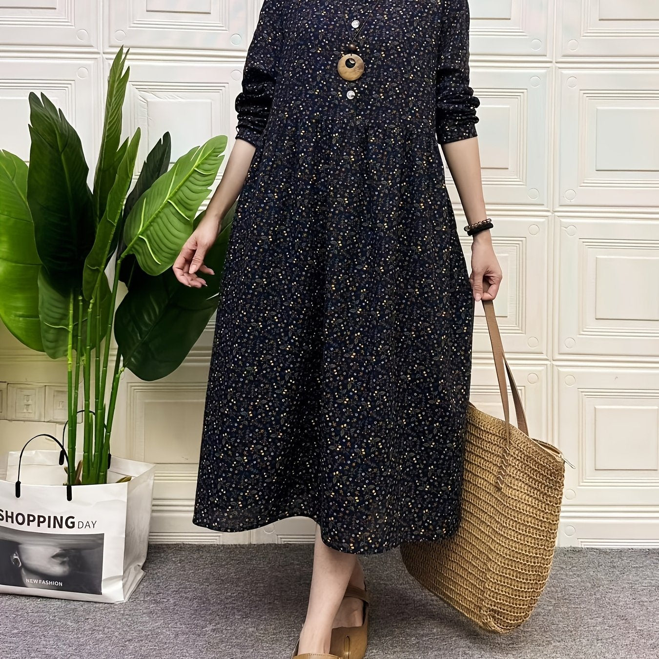 Women's Linen Dress with Floral Pattern, Long Sleeve, Lapel Collar, Beach Vacation Style