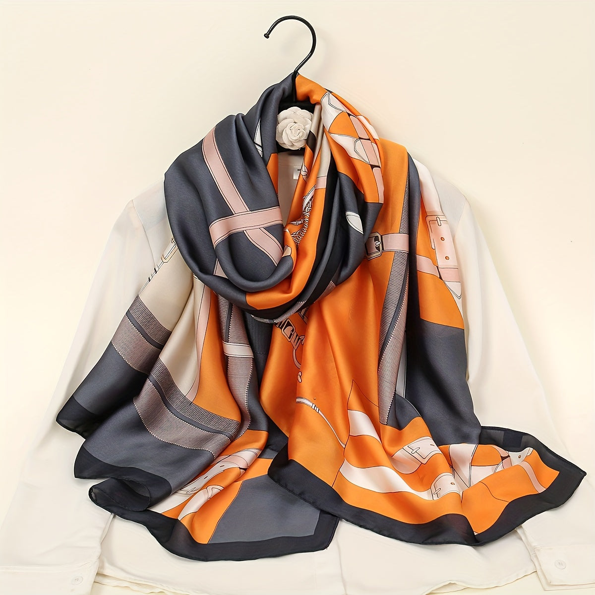 Women’s Satin Shawl with Retro Landscape Print Windproof Sun Protection Wrap