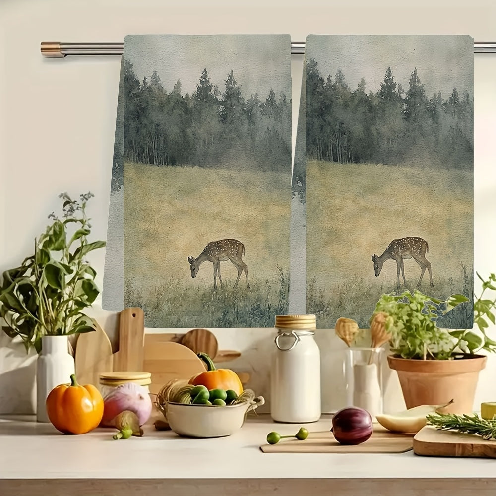 Ikki ultra yumshoq oshxona sochiqini tinch yaylov va kiyik dizayni bilan oling. Ushbu juda singdiruvchi polyester idish qo'l sochiqlari mashinada yuvilishi mumkin va o'lchamlari 40.64x60.96 sm. Ular bayram bezaklari uchun juda mos keladi.