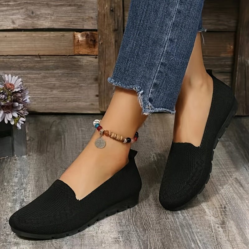 Women's Knit Loafers Flat Slip-On Shoes All-Season Fabric Upper PVC Sole