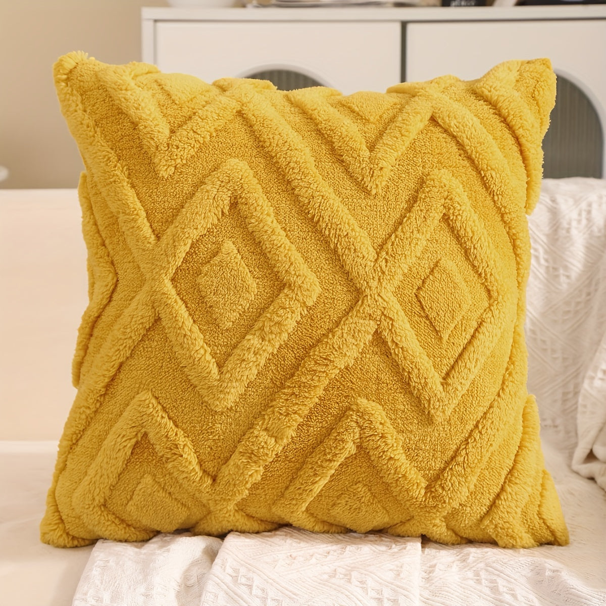 Pair of Beige Geometric Pattern Throw Pillow Covers 100% Polyester Zipper Closure