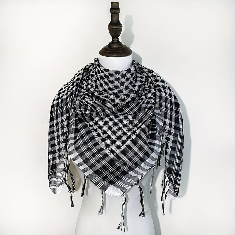 Black and White Checkered Polyester Hijab Scarf with Tassels Windproof Sun-Protective Shawl for Outdoor Activities