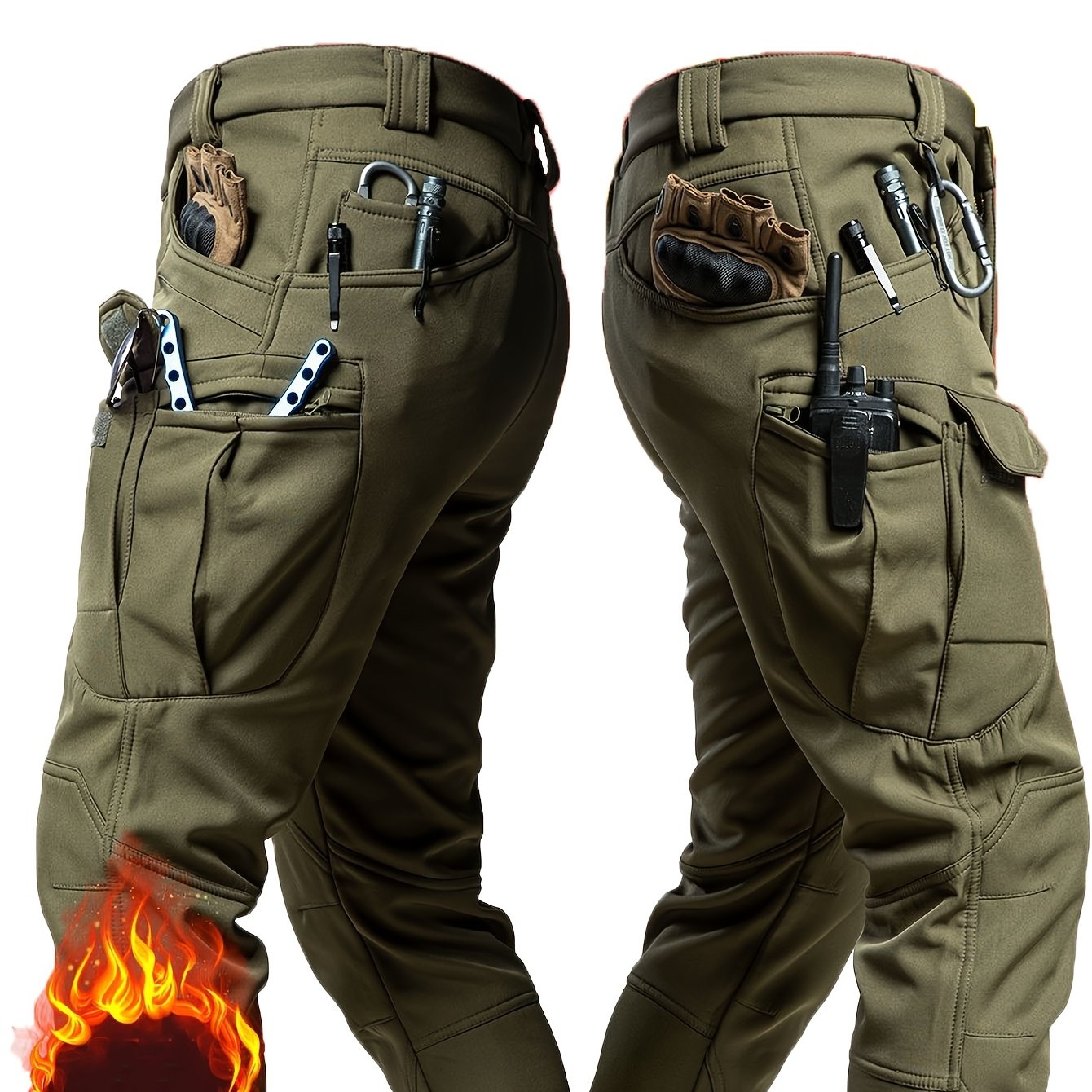 Men's Outdoor Work Pants with Pockets Soft Shell Fleece Lining Mid-Rise Fall Winter