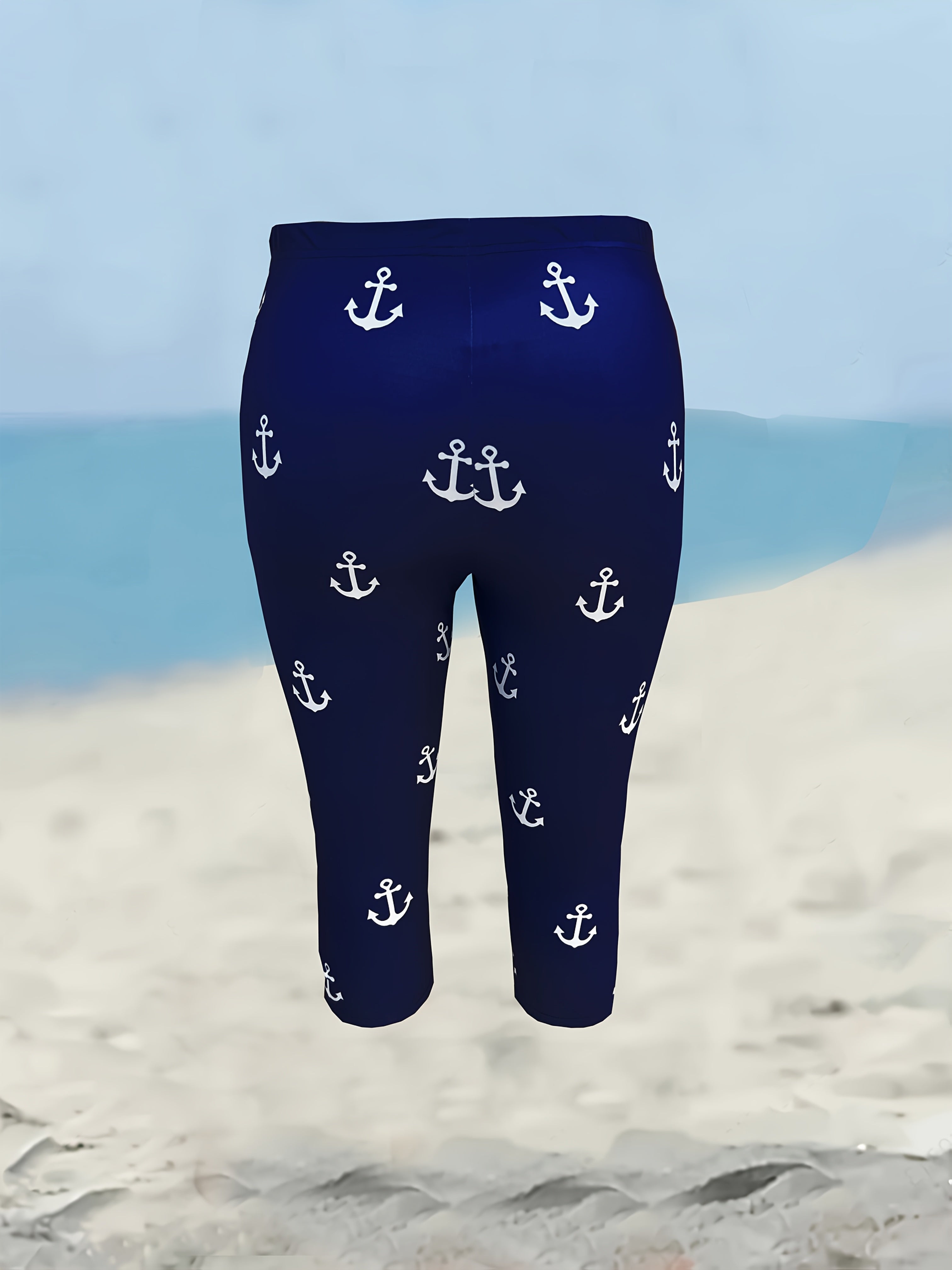 Women's Plus Size Nautical Anchor Print Capri Pants Navy White Geometric Mid-Stretch