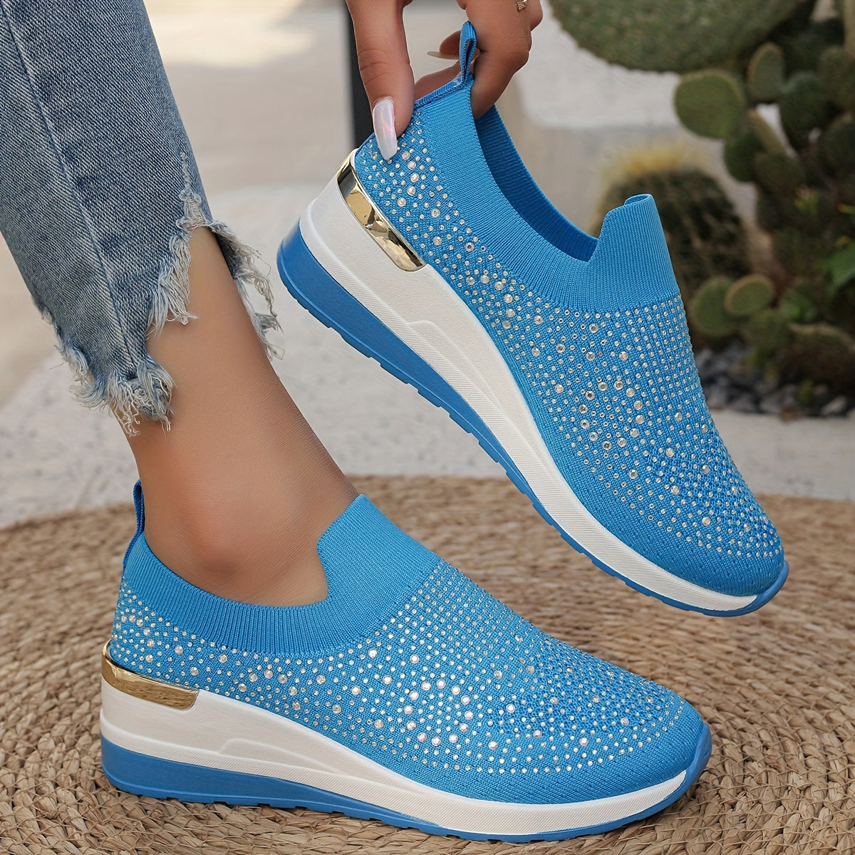 Women's Rhinestone Decor Platform Sneakers Casual Slip-On Outdoor Shoes