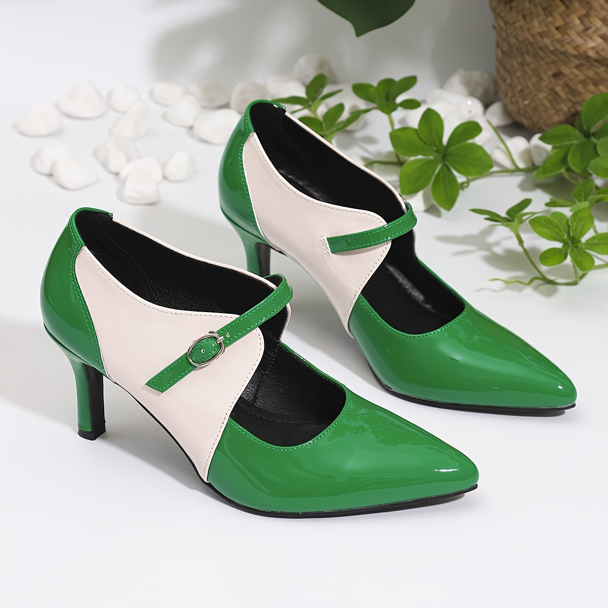 Women's Two-Tone Mary Jane High Heels Pointed Toe Stiletto