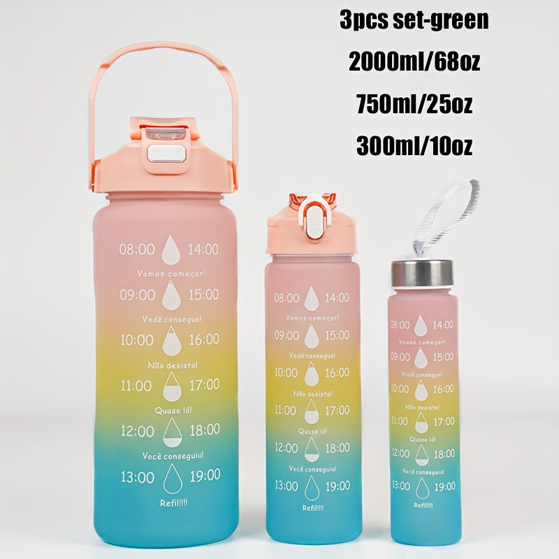 Set of 3 Sports Water Bottles with Time Marker Leakproof One-Click Open Lid for Fitness and Outdoor Activities