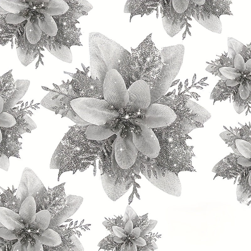 10 Golden and Silvery Artificial Christmas Decorations with Red Flowers Ornaments and Wreaths