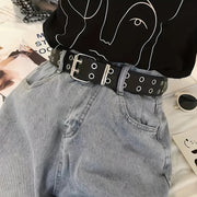 Black Faux Leather Belt with Double Buckle and Metal Chain for Women