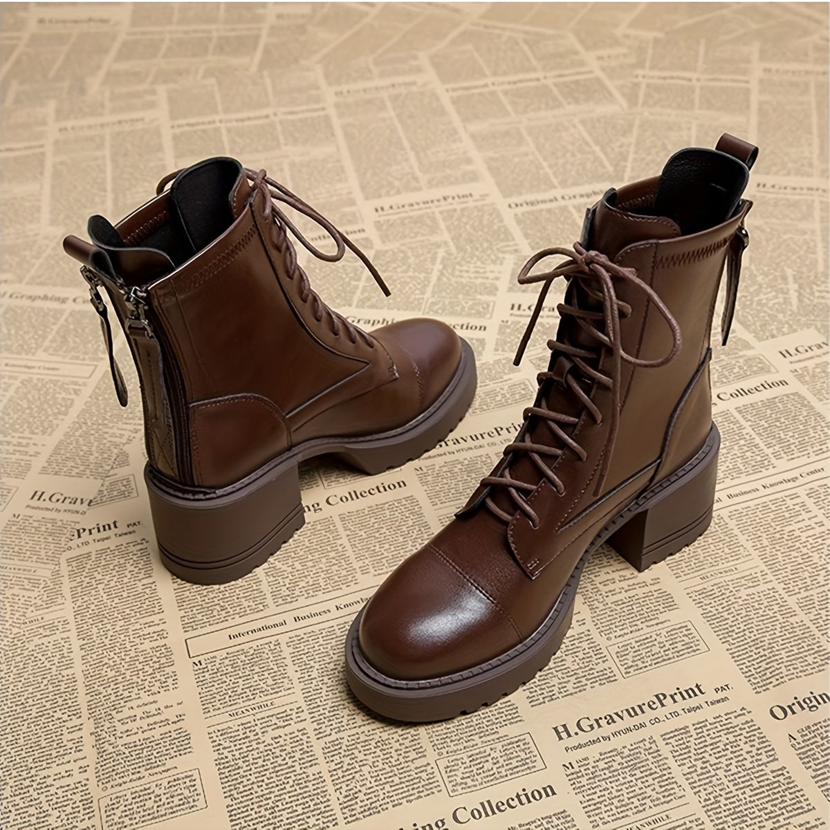 Women Chunky Platform Ankle Boots Brown Faux Leather Round Toe with Zipper