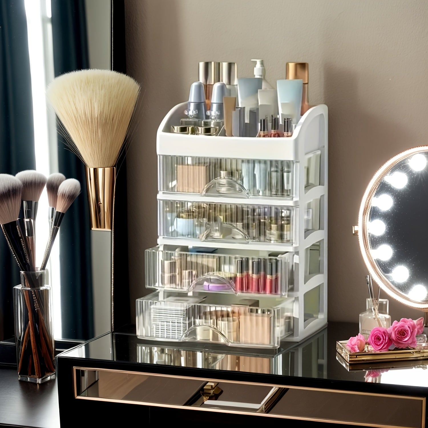 Multi-Layer Desktop Storage Organizer with Drawer for Cosmetics Jewelry and Stationery White