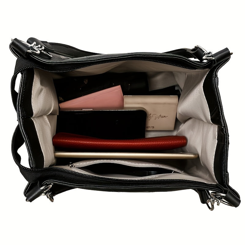 Стильная стеганая сумка-тоут с молнией, фиксированным ремнем и классическим дизайном, идеально подходящая для работы или повседневного использования. Доступна в черном, белом или коричневом цвете.