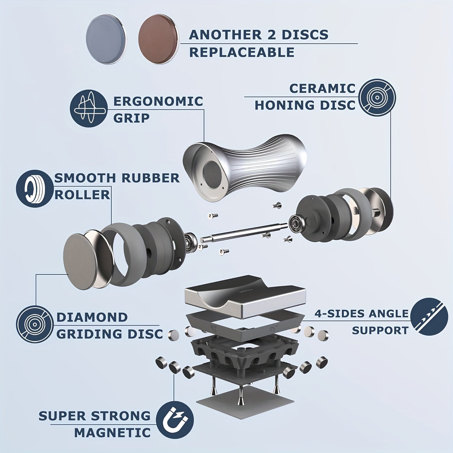 Rolling Knife Sharpener Kit with Diamond Discs for All Edges, Aluminum Body