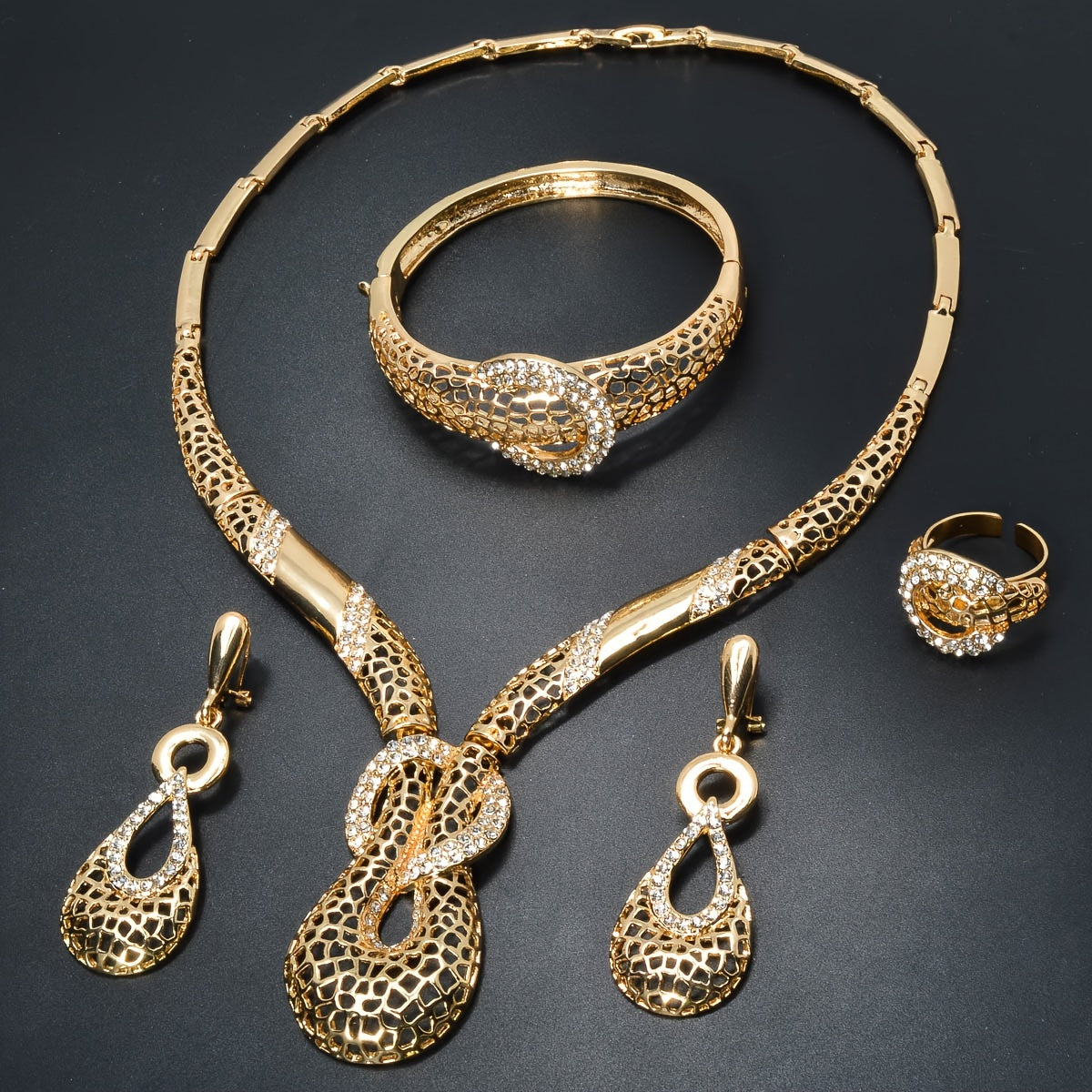Gold Tone Geometric Jewelry Set with Necklace Bracelet Earrings and Ring for Weddings and Parties