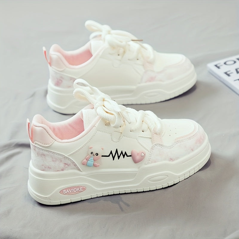 Women's White Mid-Top Sneakers with Cushioned PVC Sole and Heart Stripes