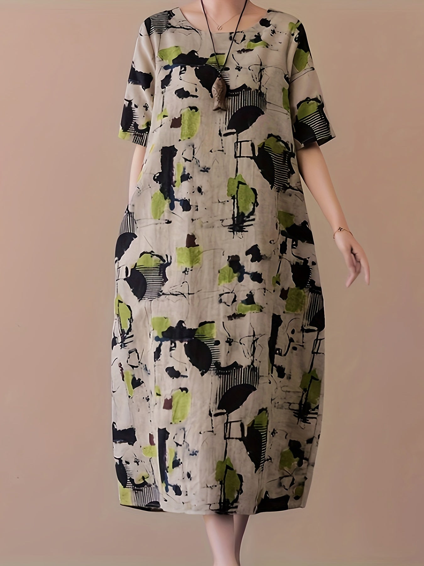 Elegant Linen Midi Dress with Abstract Print Short Sleeve Crew Neck for Spring Summer Fall