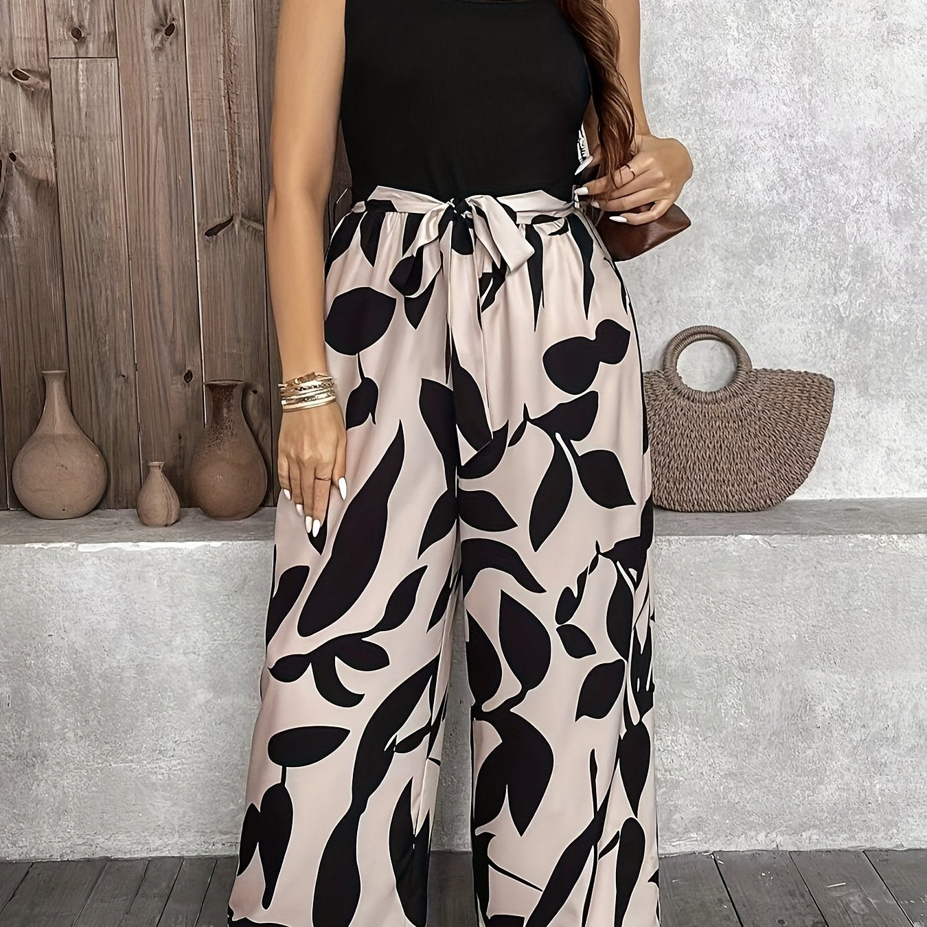 Plus Size Women's Sleeveless Floral Jumpsuit Polyester Blend Summer Wide Leg