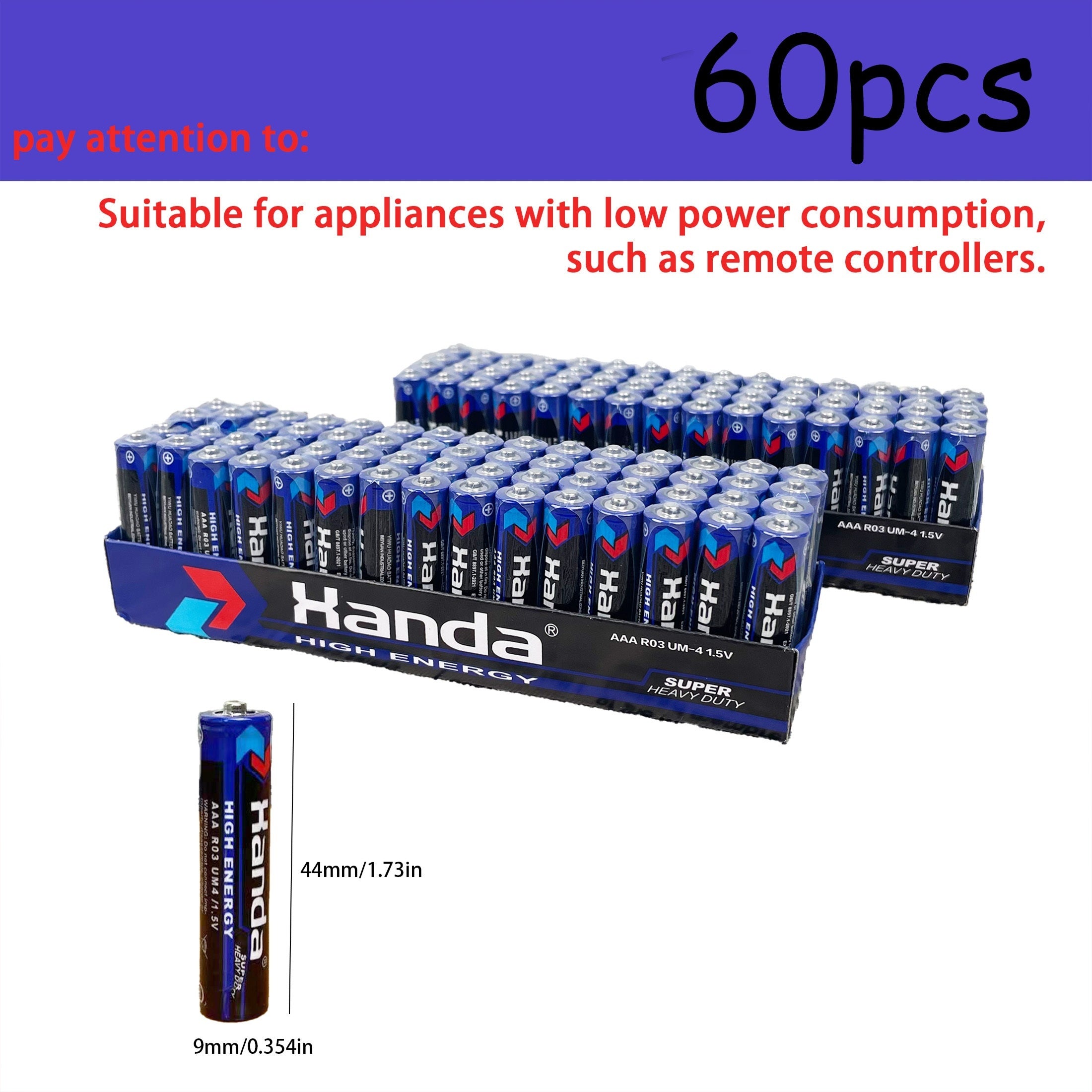 60 Pack AAA Carbon Batteries 1.5V for Low Energy Electronics