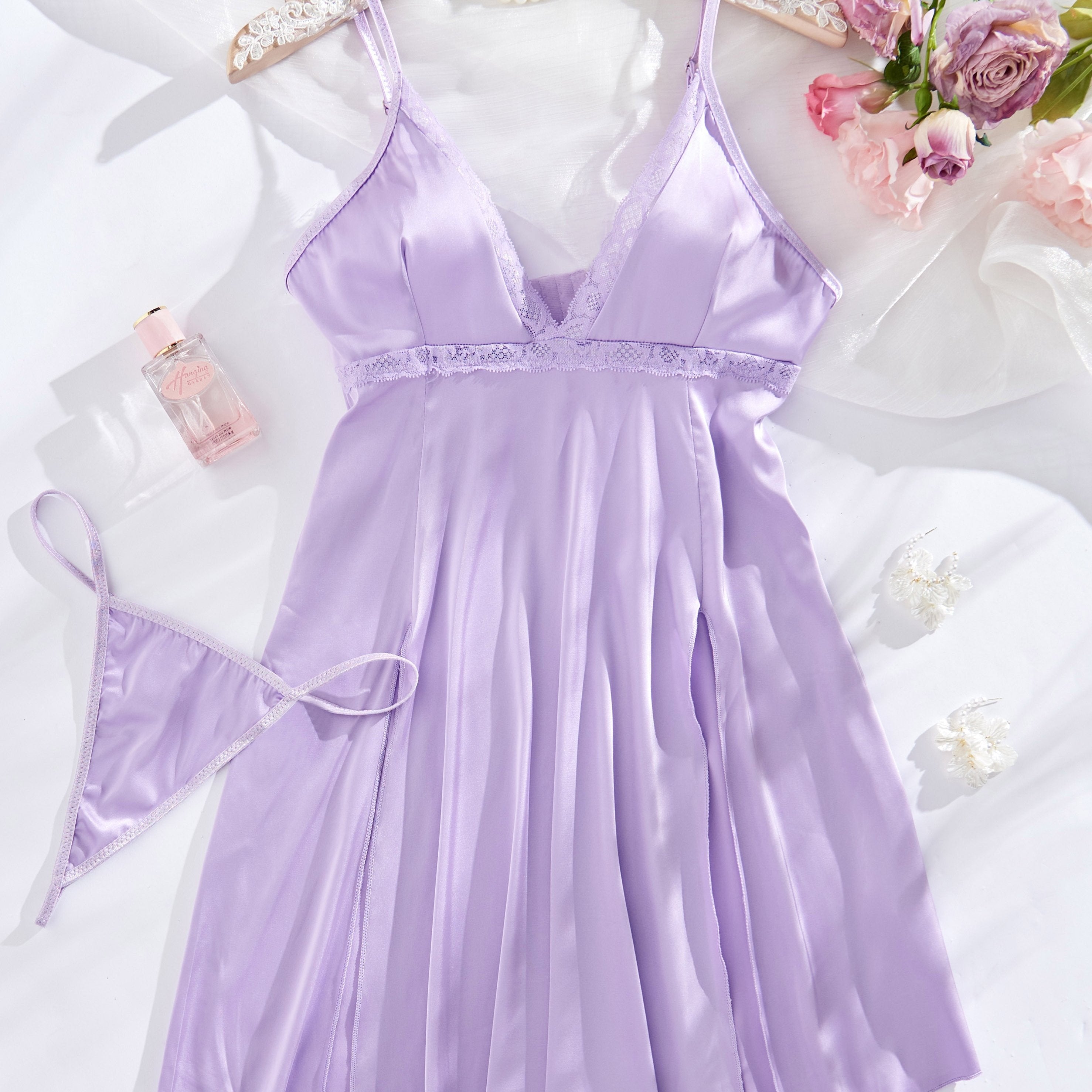 Plus Size Purple Satin Garter Skirt Lingerie Set with Thong