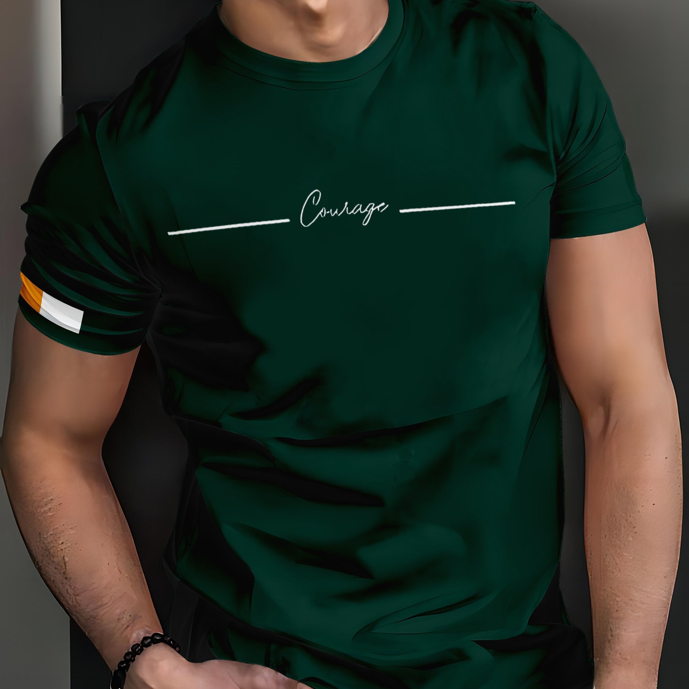 Men's Green Crew Neck T-Shirt with 3D Digital Letter Print Breathable Polyester Summer Short Sleeve Sports Streetwear