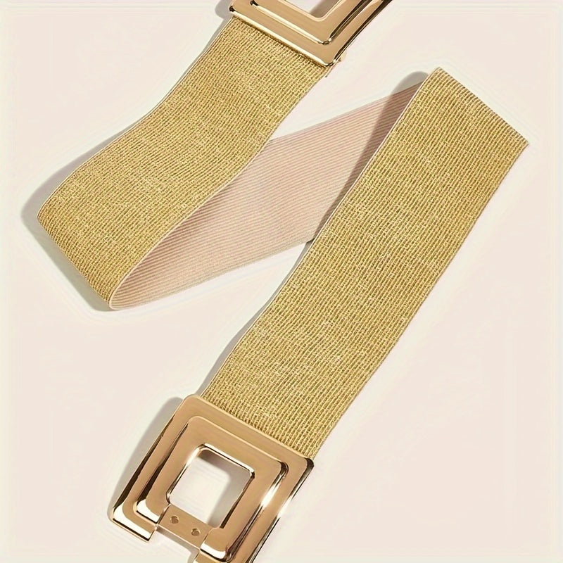 Women’s Wide Elastic Waist Belt with Hollow Square Buckle in Gold and White