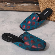 Ayollar uchun Slip-On Mules, yorqin Heart naqshli, kvadrat barmoqli, tekis oyoq uchun flats