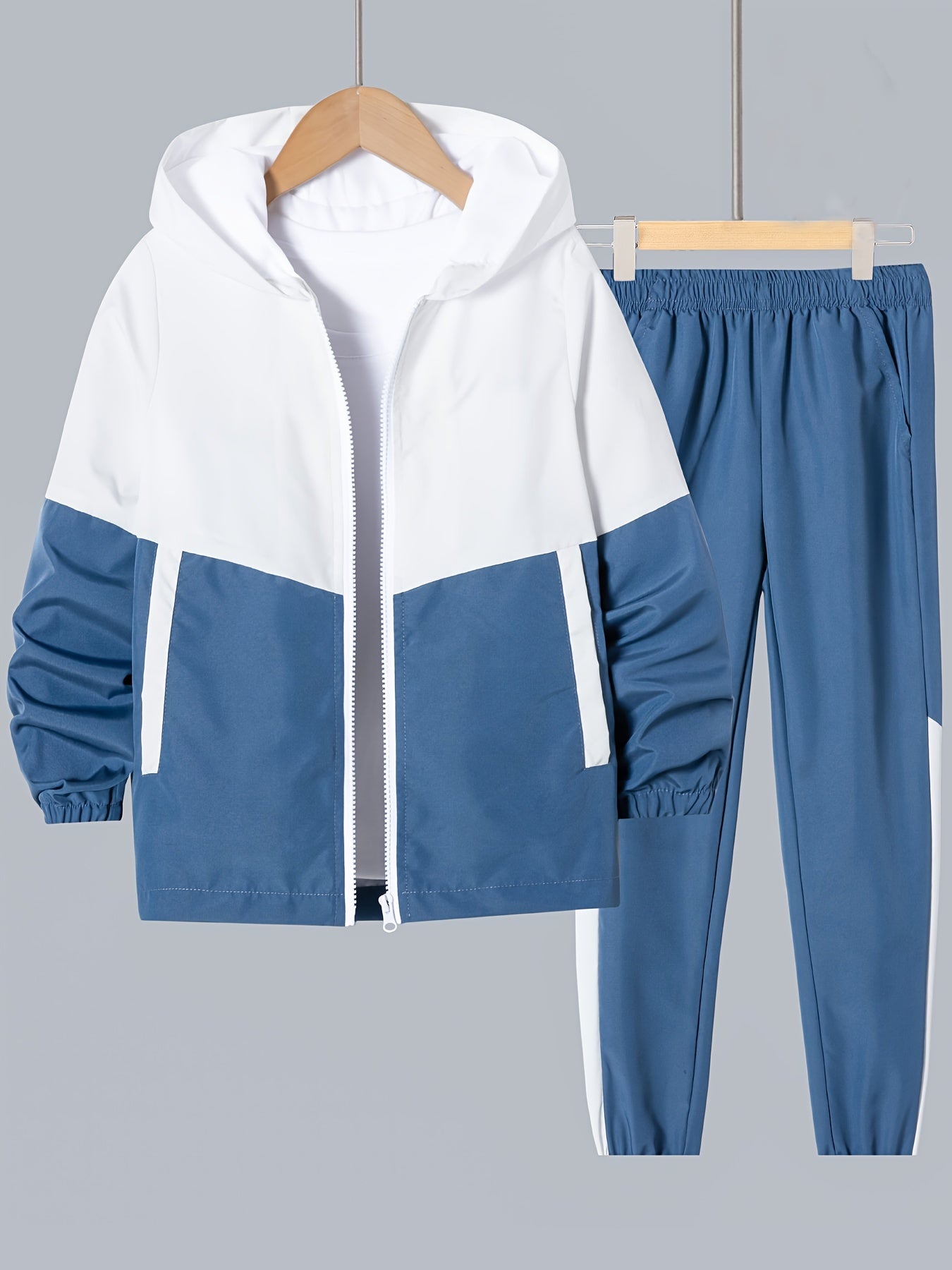Boys' Color Block Hooded Tracksuit Set - 100% Polyester Long Sleeve Pockets Spring Fall