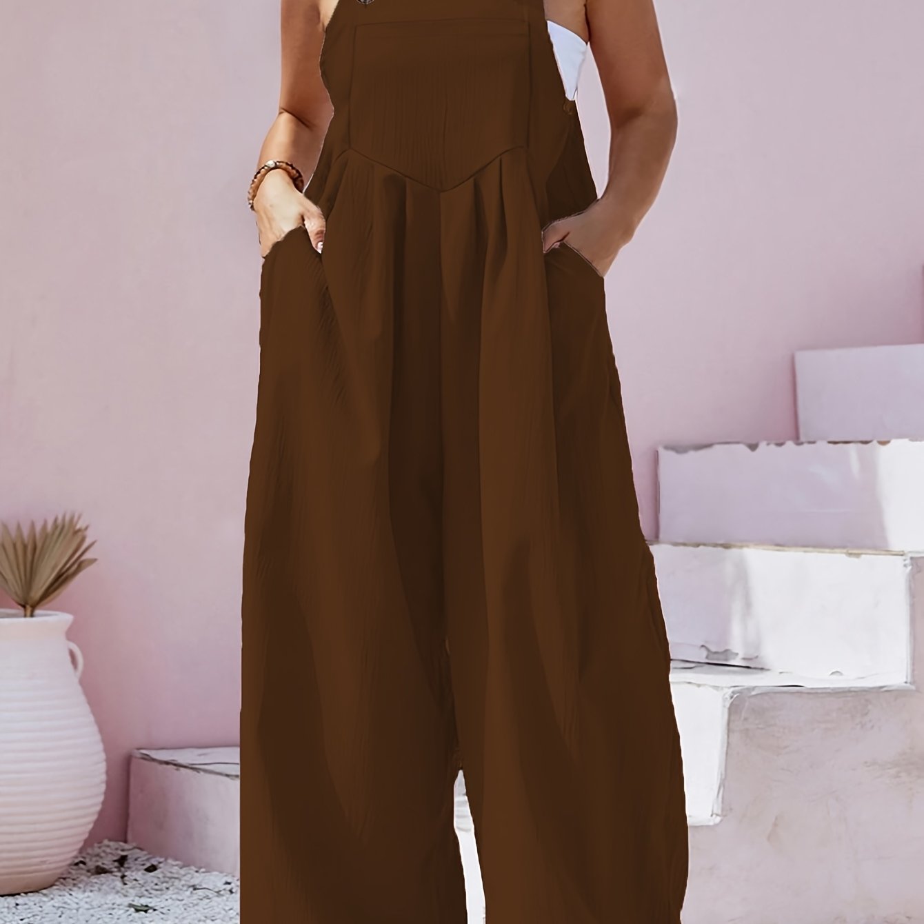 Women's Plus Size Olive Green Sleeveless Jumpsuit with Pockets