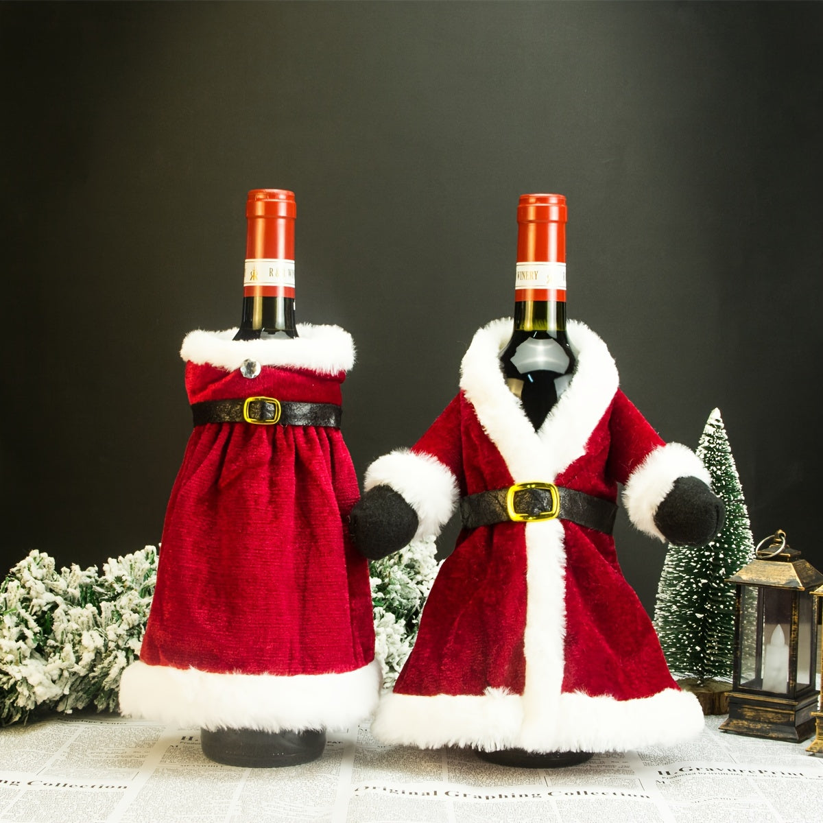 Christmas Holiday Decor Set with Gold Velvet Wine Bottle Cover and Plush Wine Bag
