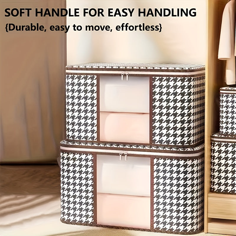 Large Houndstooth Fabric Storage Bag with Zipper Handle for Clothes and Linens