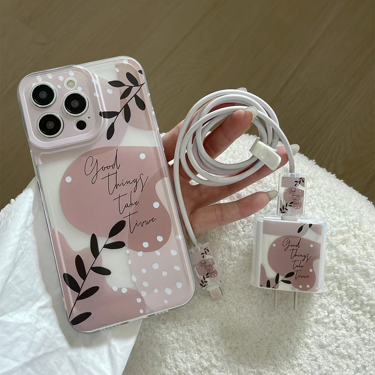5-Piece Phone Case Set for iPhone 16/15/14/13/12/11 Series TPU Protective Cover with Flower Transparent Case Charger Case Data Cable Cases and Silicone Tie