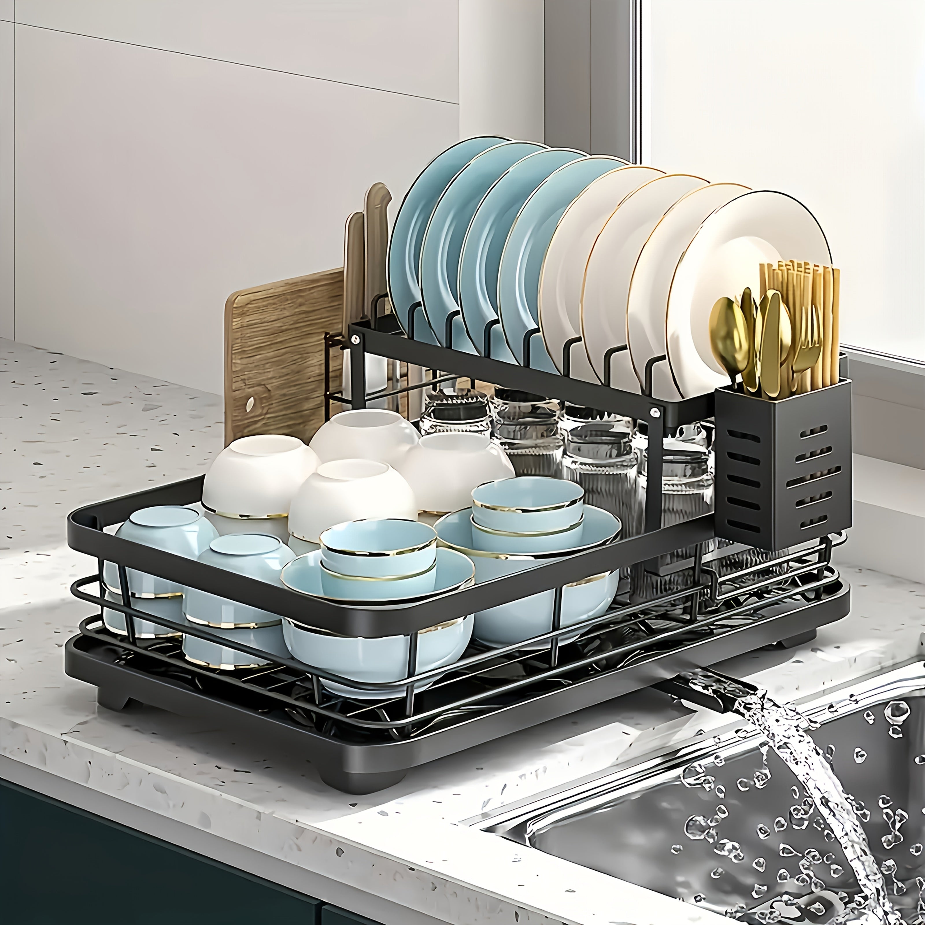 Набор стеллажей для хранения на кухне с органайзером для посуды, тарелок, мисок, чашек и столовых приборов