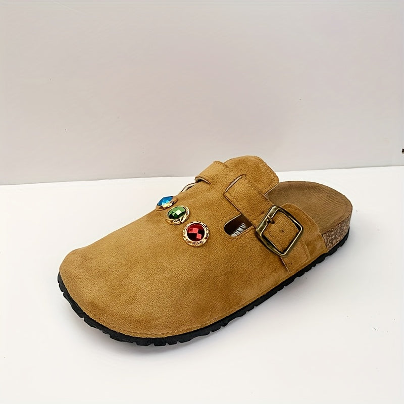 Women's Beige Fabric Slip-On Mules with Sparkling Red and Green Gems