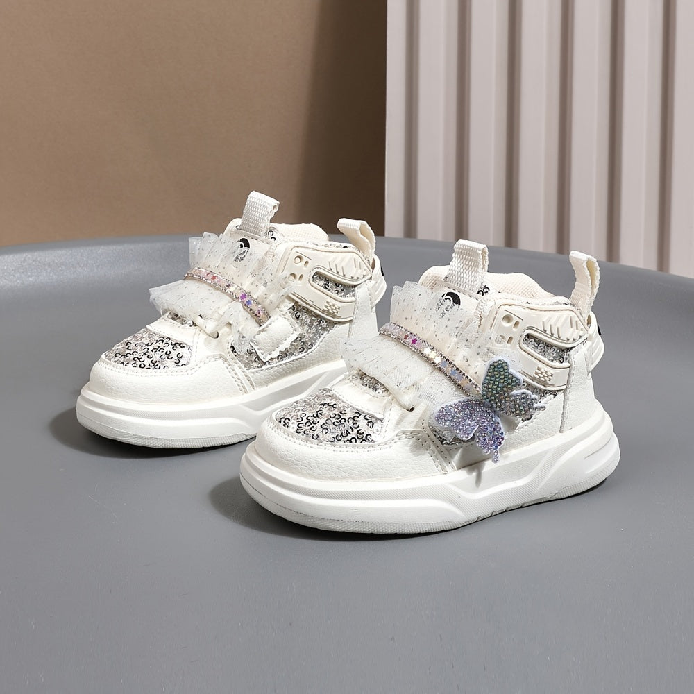 Girls' Mid-Top Sequin Rhinestone Bow Sneakers Casual Street Party Shoes
