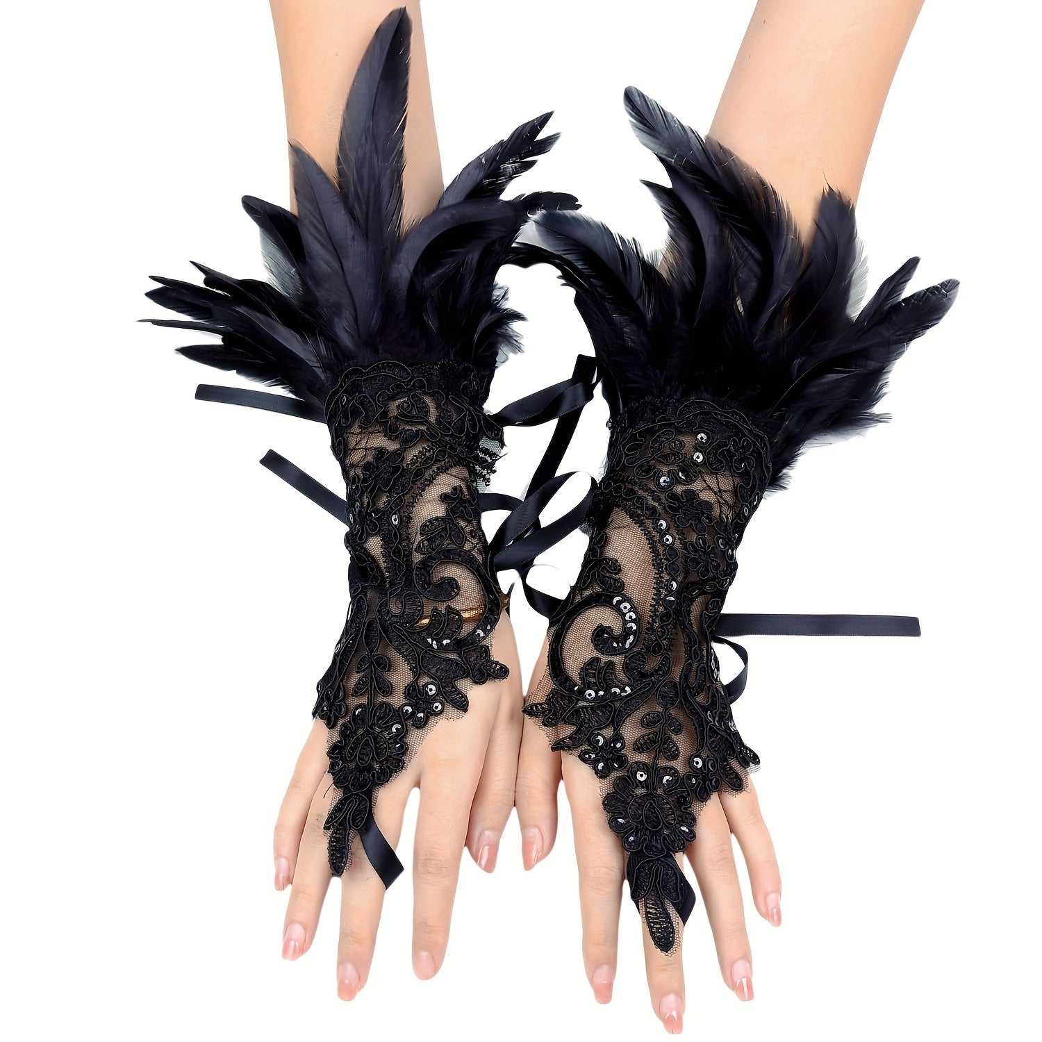 Gothic Lace Gloves with Faux Feathers Sequins and Lace-Up Hooks for Halloween