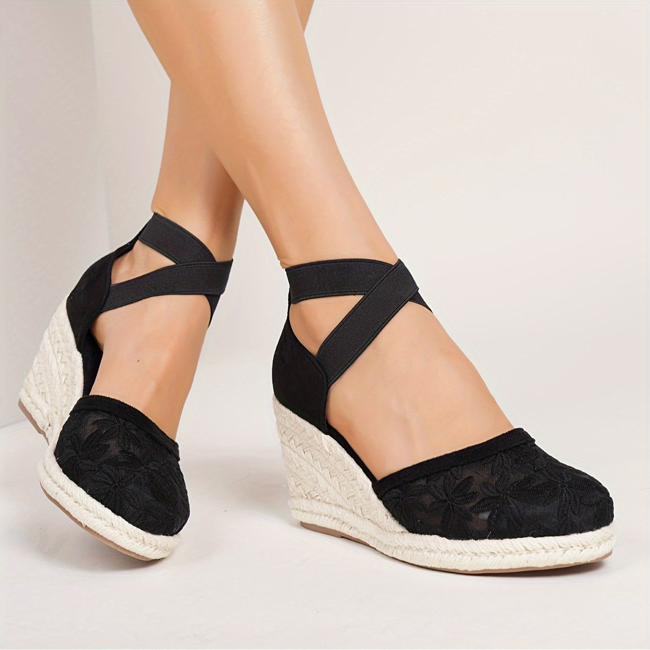 Women's Black High Heel Espadrille Pumps With Non-Slip Wedge and Ankle Straps