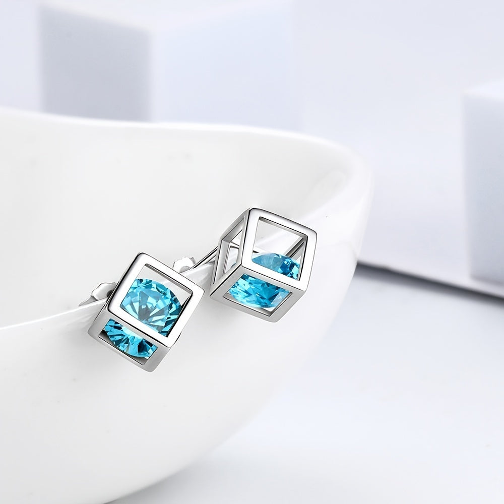 Small 3D Cube Birthstone Stud Earrings for Women Sterling Silver Minimalist Birthday Gift