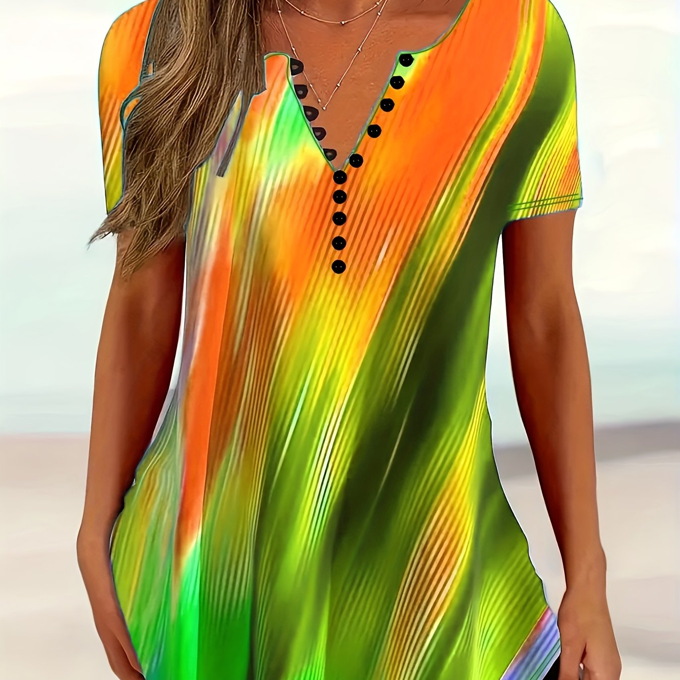 Plus Size Women's Casual Ombre Short Sleeve V Neck T-Shirt