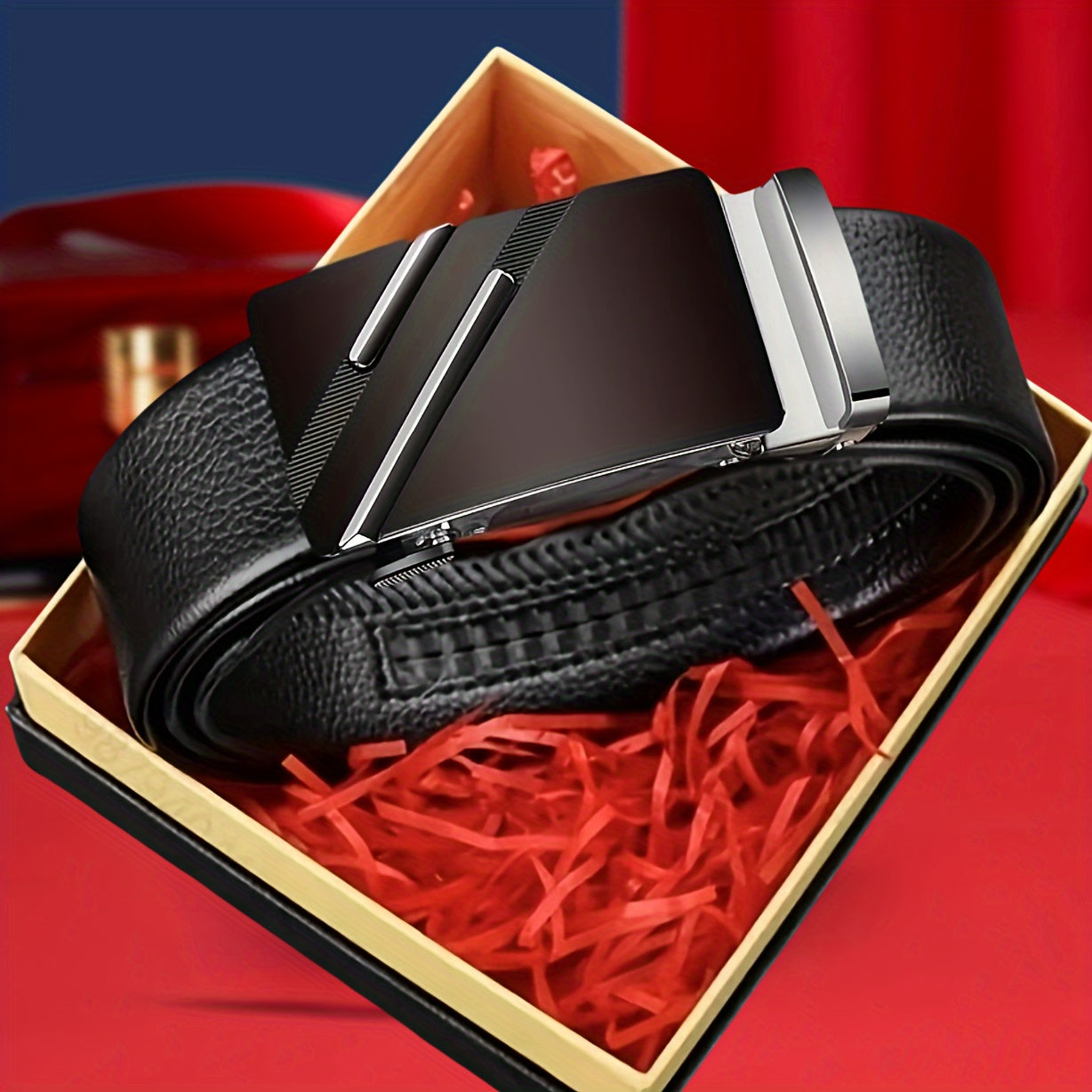 Cinturón casual de negocios para hombre con hebilla automática, patrón de lichi de doble barra, ajustable en PU