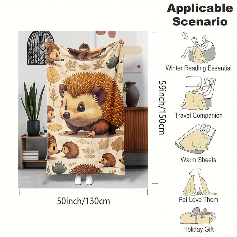 Hedgehog Flannel Throw Blanket All-Season Soft Cozy Hypoallergenic with Autumn Leaves Design