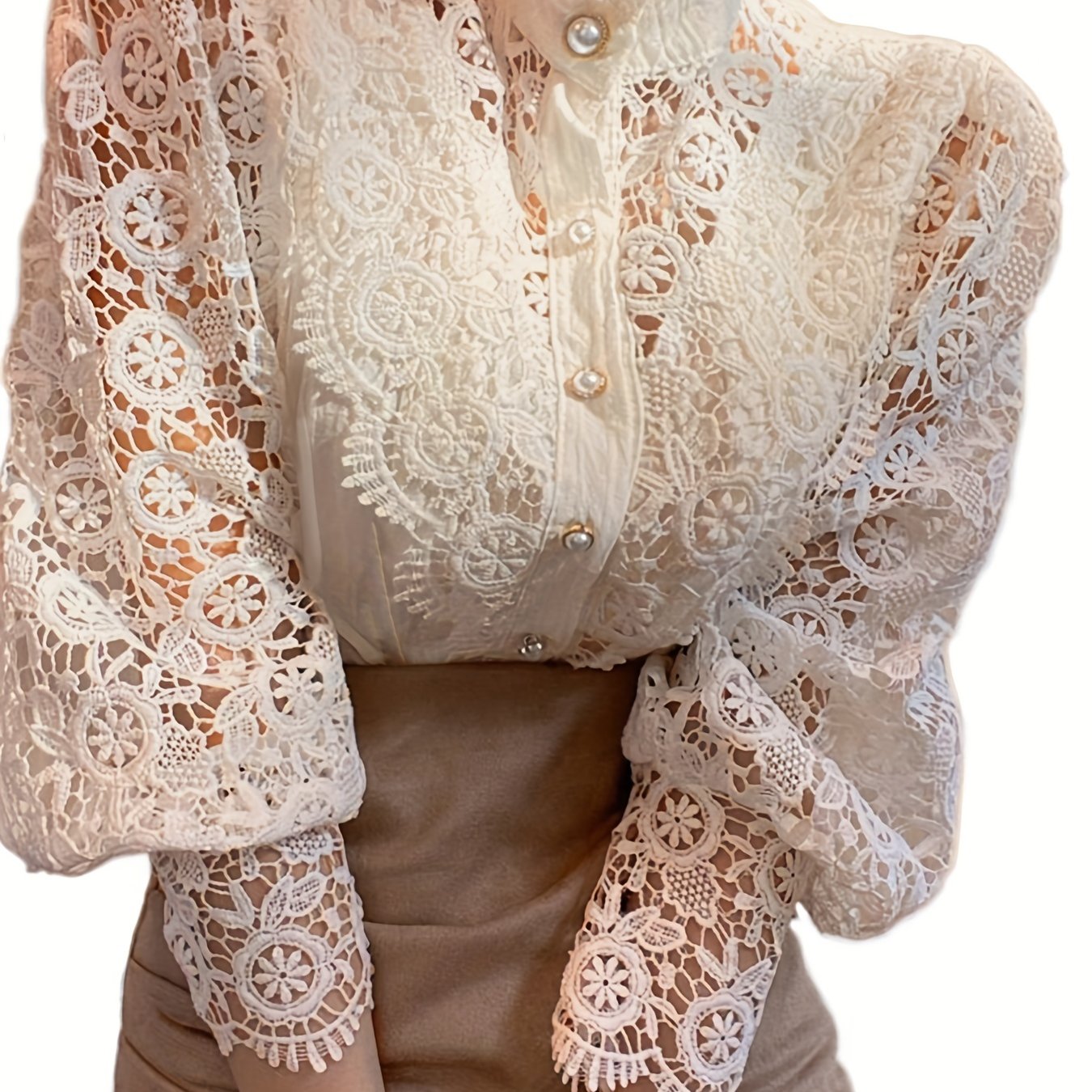 Victorian Lace Blouse for Women with Pearl Buttons Floral Pattern Long Sleeve Woven Cotton Polyester Top