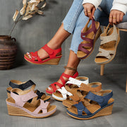 Women Retro Wedge Sandals Open-Toe Adjustable Strap Summer Footwear