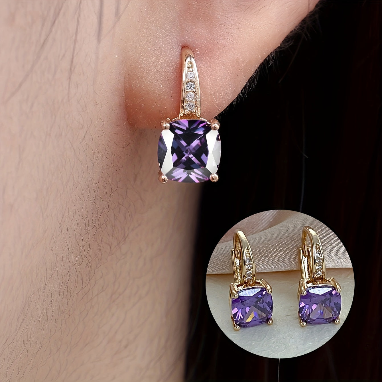 Ayollar uchun kvadrat shaklidagi kubik zirkoniy stud uzuklar, 18K oltin bilan qoplangan mis, moda zargarlik buyumlari