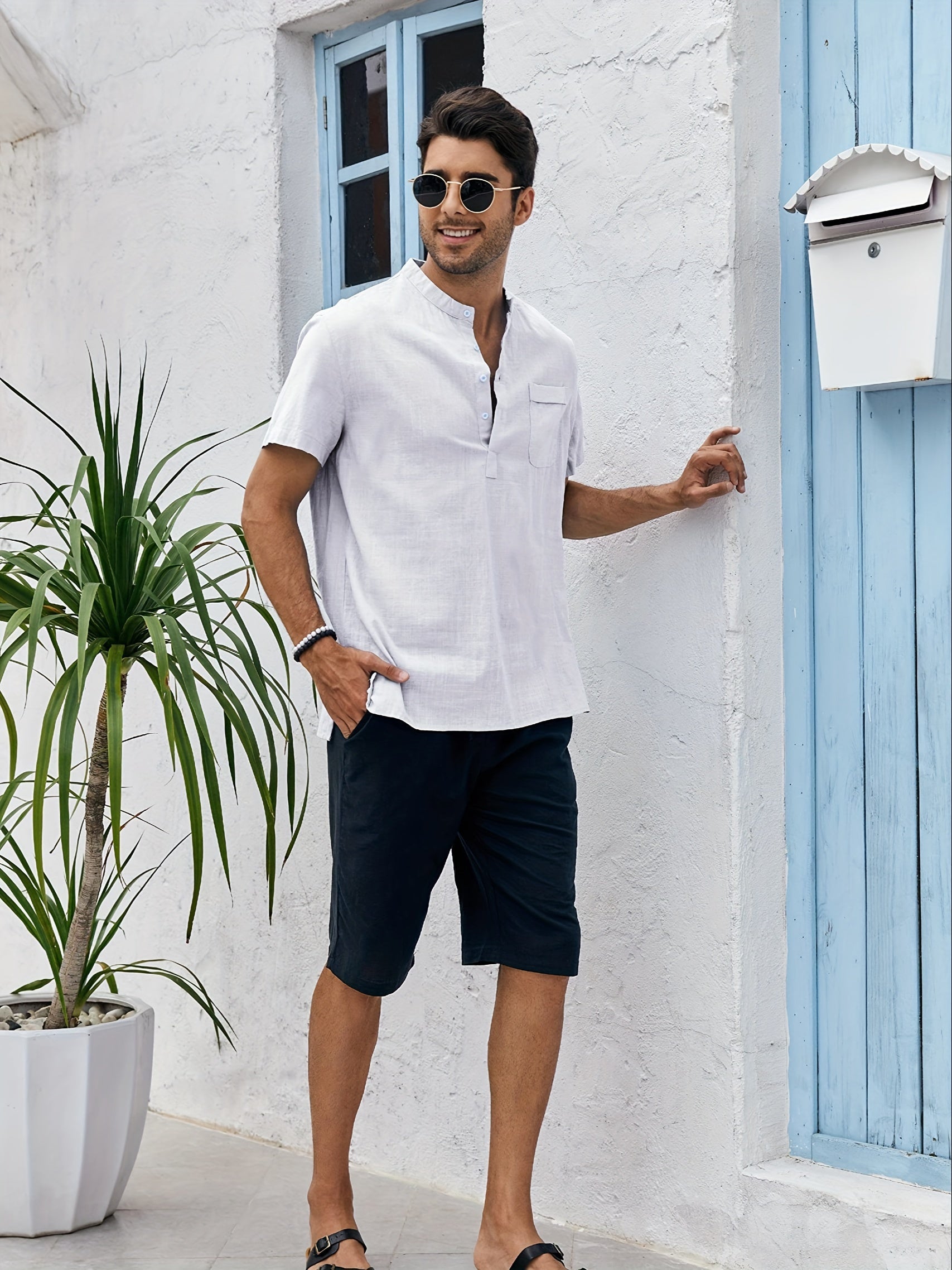 Men's Cotton Short Sleeve Shirt with Stand Collar and Pocket for Summer Beach Vacation
