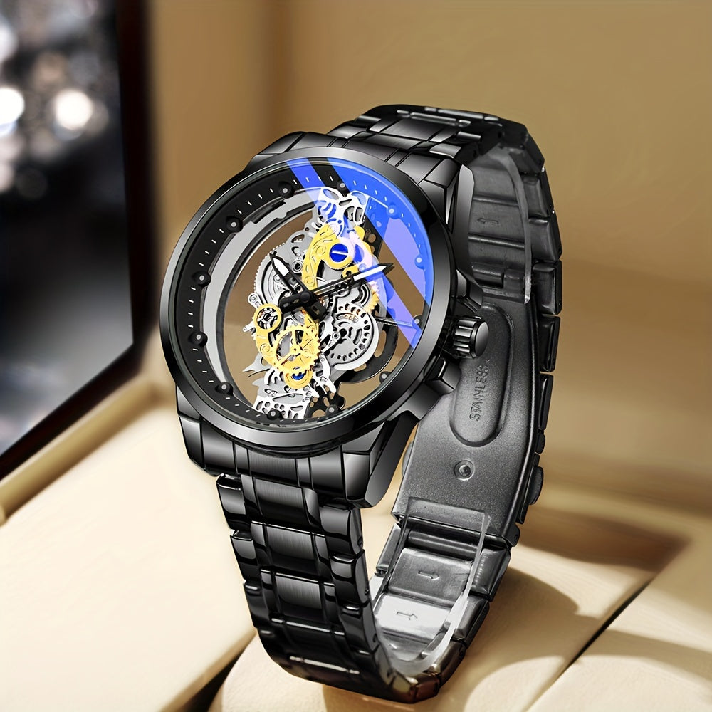 Men's Steel Band Watch with Luminous Openwork Sheer Bottom Quartz Watch Gift