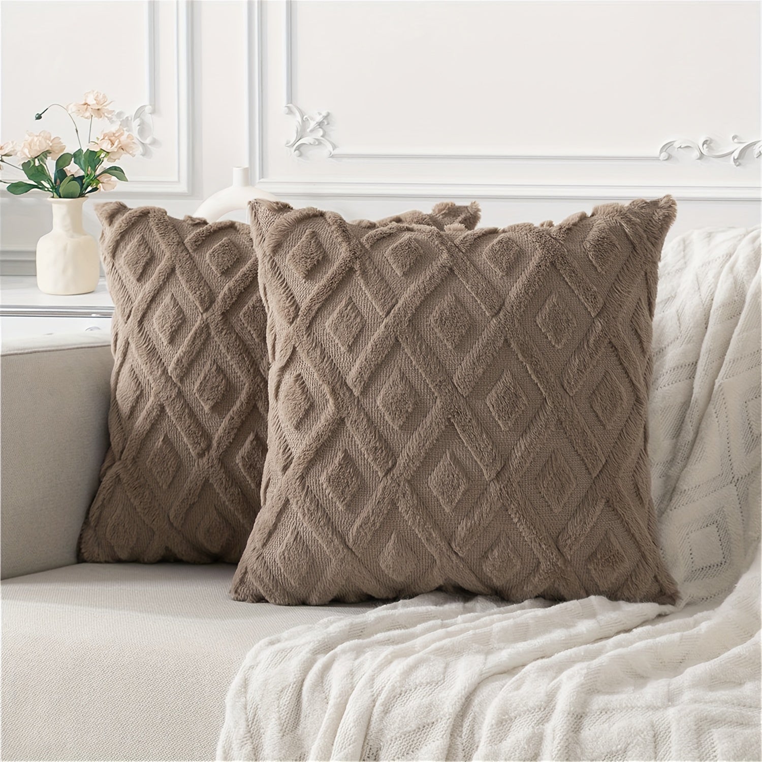 Beige Faux Wool Throw Pillow Covers 18x18 Inches for Couch Sofa Decor