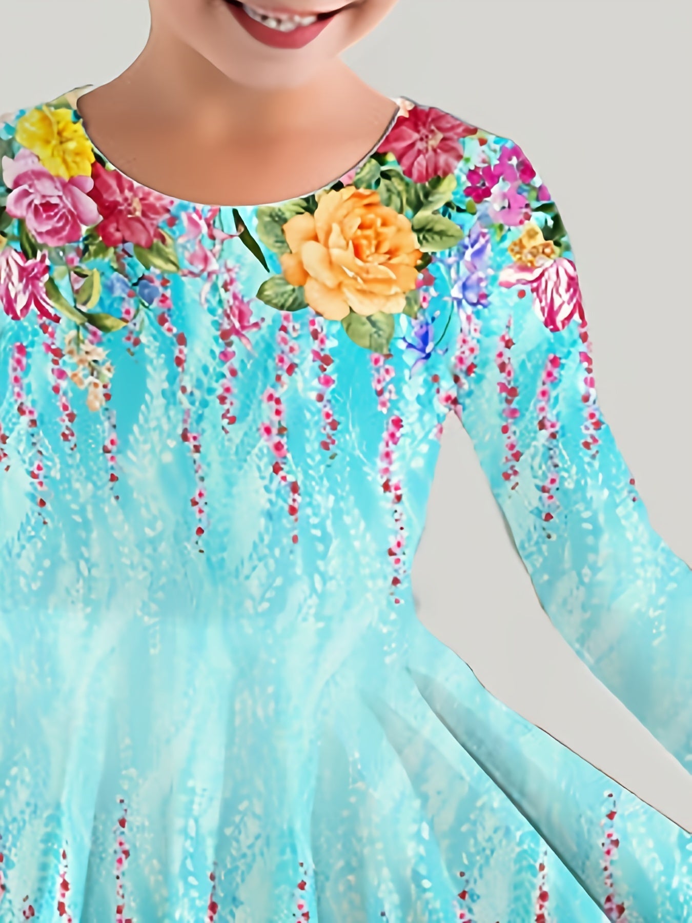 Girls' Long Sleeve Dress with Bright Floral Print, Stretchy Polyester, Fall Winter